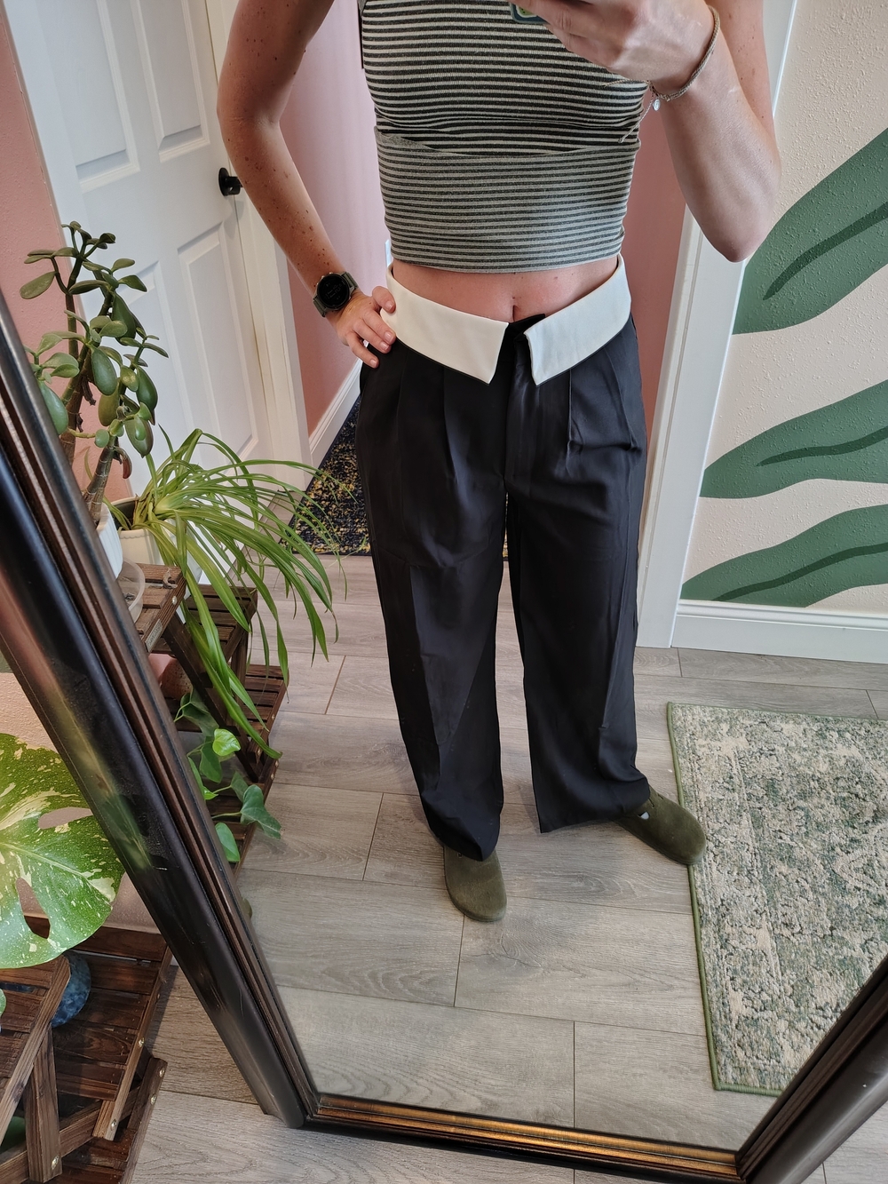 Black Wide-Leg Trousers with White Contrast Waistband